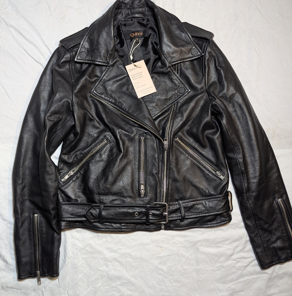 Quince Black Motorcycle Sheep Leather Jacket Women's Small NWT